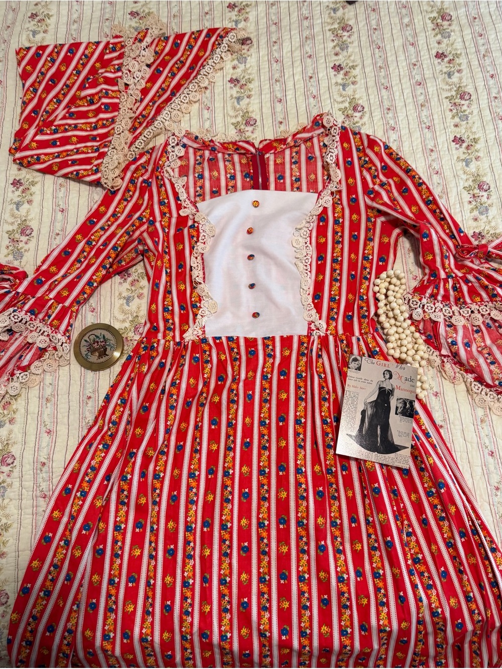 True Vintage 70s Handmade Prairie Dress Bell Sleeve Boho Maxi headscarf S S/M